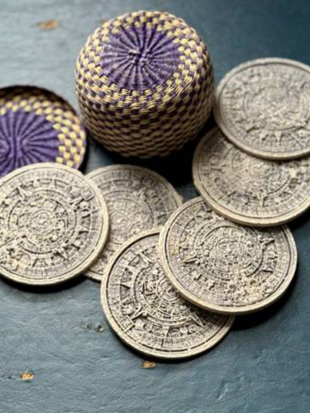 Vintage Aztec Celestial Sun Ceramic Coaster Set Of 6 With Holder Basket